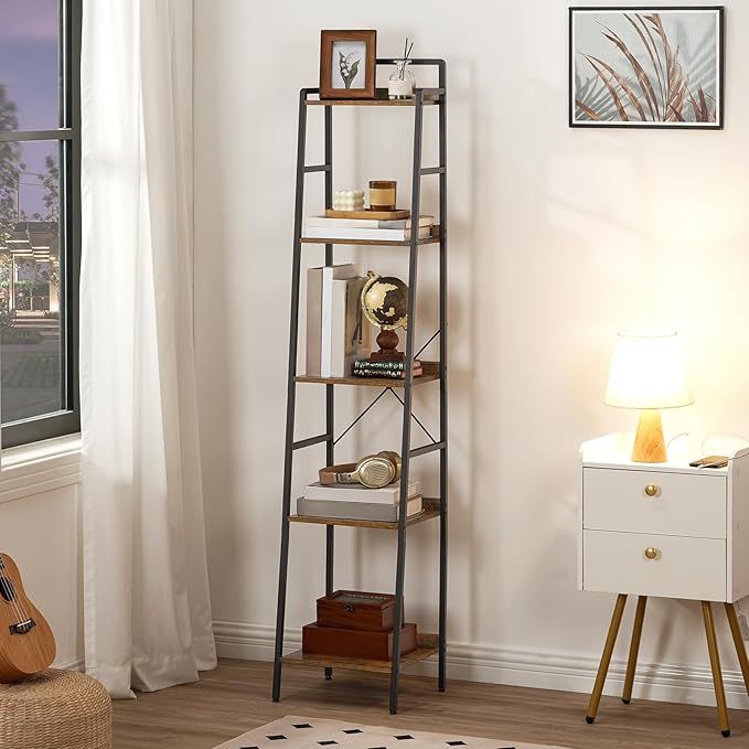 HOOBRO Bookcase, 5-Tier Narrow Bookshelf, Industrial Ladder Shelf, Skinny Bookshelf for Small Spaces, Corner Storage Shelf for Home Office, Living Room, Rustic Brown and Black BF35SJ01 - LeafyLoom