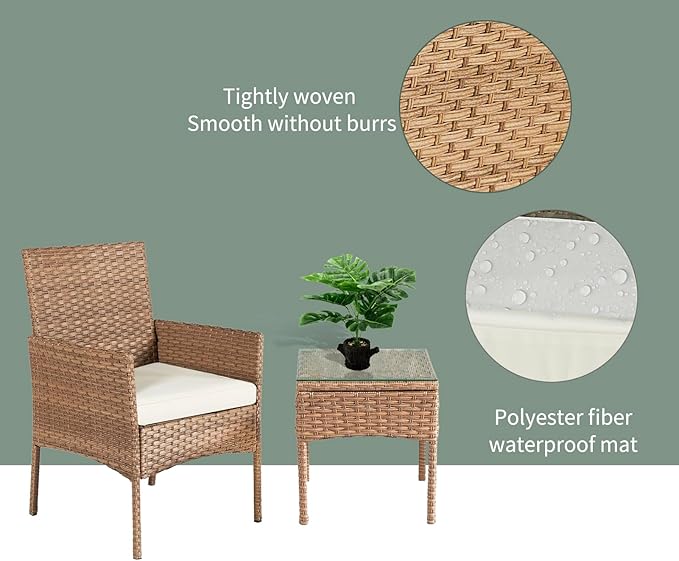 3 Pieces Patio Set Balcony Furniture Sets for Apartments.Bistro Furniture Set, Conversation Sets with Coffee Table, for Porch, Patio, Garden and Removable Cushions Beige - LeafyLoom