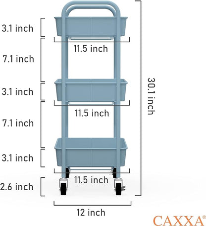 CAXXA 3-Tier Rolling Metal Storage Organizer - Mobile Utility Cart with Caster Wheels, Blue - LeafyLoom