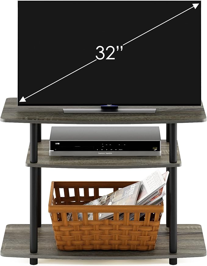 Furinno Turn-N-Tube No Tools 3-Tier Entertainment Center TV Stand for TV up to 32 Inch, Plastic Round Tubes, French Oak Grey/Black - LeafyLoom