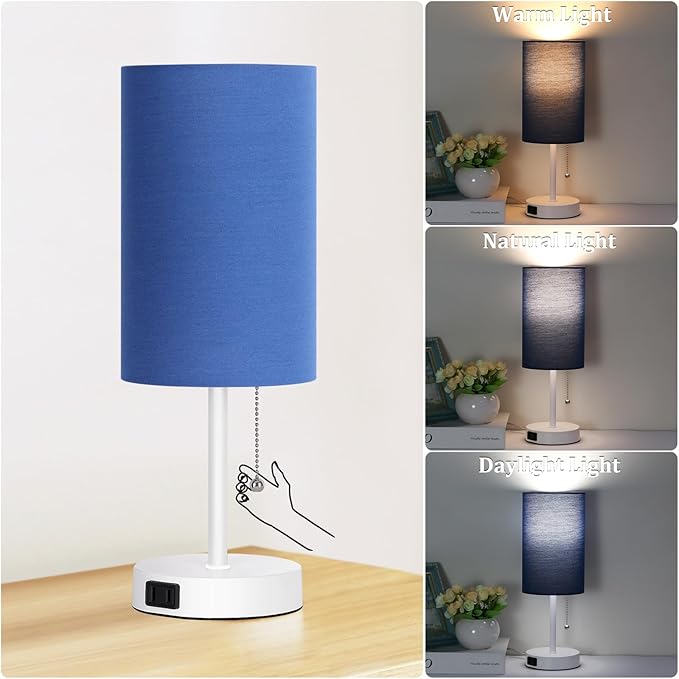 Dott Arts Table Lamp for Bedroom, 3-Color Bedside Lamps with Pull Chain, Bedroom Table Lamps for Nightstand,Small Lamp for Living Room, Bulb Included Blue … - LeafyLoom