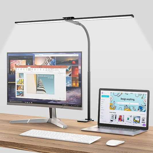 LED Desk Lamp for Home Office,Bright Double Head Desk Lamp with Clamp,Dimmable 5 Color Modes Desk Lighting,12W Eye-Caring Architect Table Lamp for Workbench,Monitor,Reading,Study,1400lm - LeafyLoom