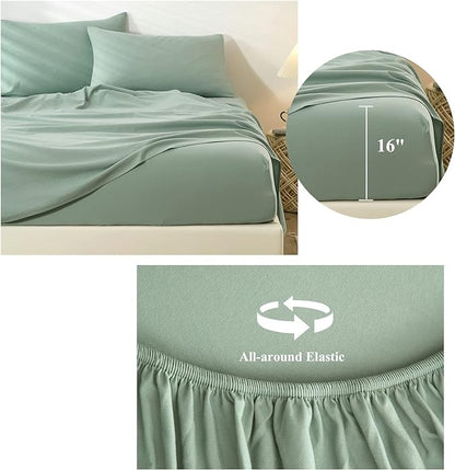 HighBuy Sage Green Sheets for Queen Size Bed,4 Piece Cooling Sheets Queen Deep Pocket up to 16 Inch,Solid Bedding Sheets & Pillowcasess Set,Wrinkle, Fade, Stain Resistant - 4 Piece (Queen, Green) - LeafyLoom