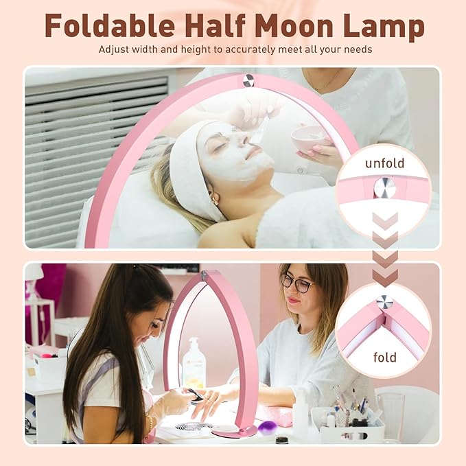 HITTI Half Moon Light for Nail Desk with Phone Holder, Foldable Nail Tech Light, Lash Table Lamp with Wire Controller & Remote, 7 Color Modes 10 Brightness for Extension Tattoo Craft Beauty - Pink - LeafyLoom