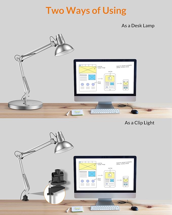 LEPOWER Metal Desk Lamp, Adjustable Goose Neck Architect Table Lamp with On/Off Switch, Swing Arm Desk Lamp with Clamp, Eye-Caring Reading Lamp for Bedroom, Study Room &Office (Silver) - LeafyLoom