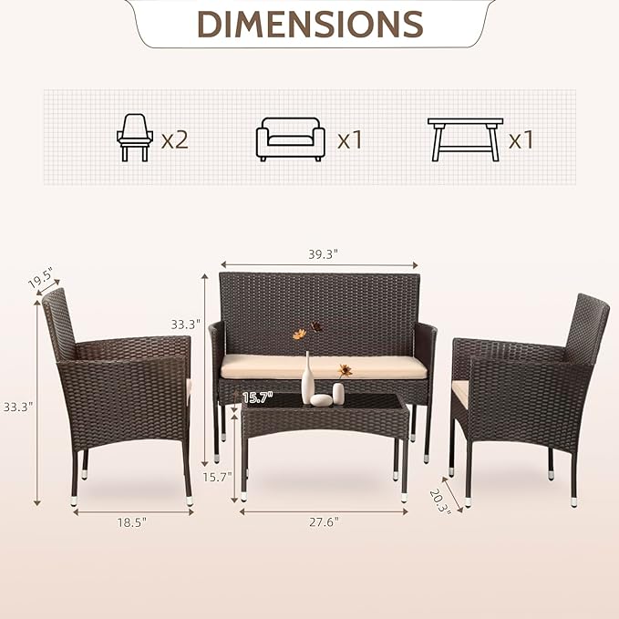 FDW Patio Furniture Set 4 Pieces Outdoor Rattan Chair Wicker Sofa Garden Conversation Bistro Sets for Yard (Brown) - LeafyLoom