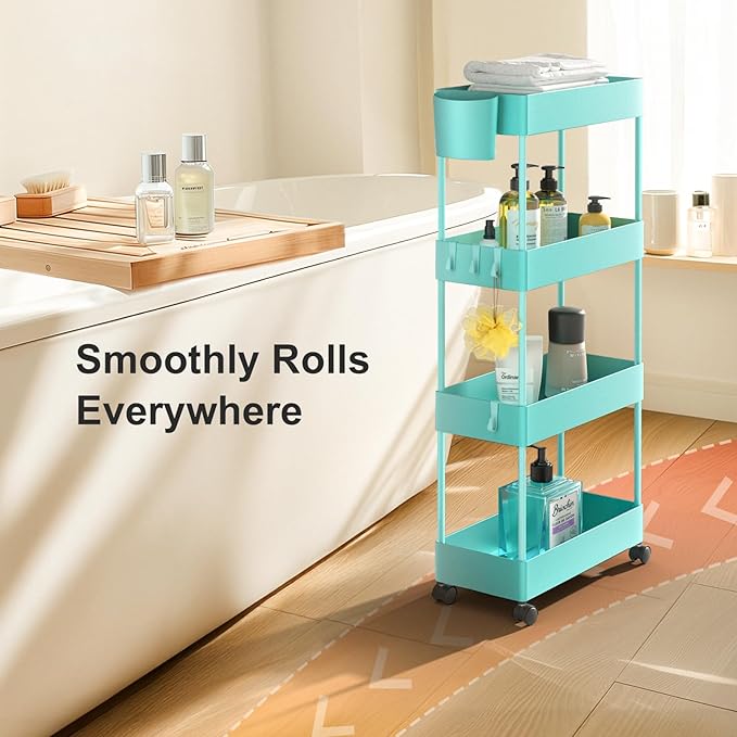 Pipishell Slim Storage Cart with Wheels, 4 Tier Bathroom Storage Organizer Rolling Utility Cart for Bathroom Kitchen Laundry Room Office Narrow Place (Turquoise) - LeafyLoom