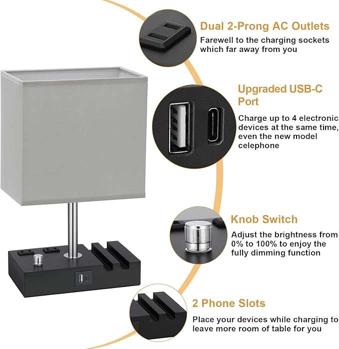 Kakanuo Table Lamp for Bedroom with Dual USB Ports, Grey Fully Dimmable Bedside Lamp with Phone Stands and 2 Charging Outlets, Desk Lamp for Nightstand and Living Room, LED Bulb Included - LeafyLoom