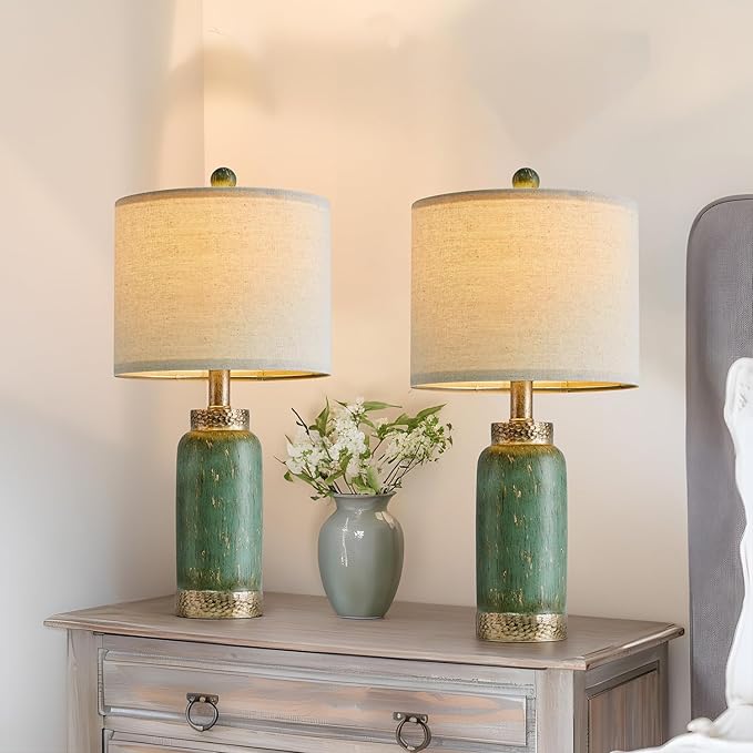 20.25" Table Lamps Set of 2 Small Table Lamp for Bedroom Living Room Green Lamp Farmhouse Lamp Vintage Rustic Boho Bedside Lamps Mid Century Side Table Nightstand Lamp Home Office Retro Deco - LeafyLoom