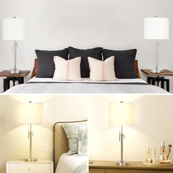 Brushed Nickel Table Lamps Set of 2: 22" to 30" Height Adjustable Nightstand Lamps with White Linen Shade | Pull Chain Switch | Silver Pole Beside Lamp for Living Room Bedroom - LeafyLoom