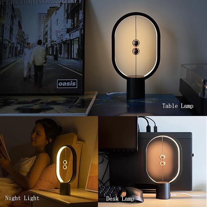 Small Table Lamp - Mini Balance Lamp,Birthday Gifts, Bedside Lamp, Nightstand Lamp,Plug in Night Light,Magnetic Lamp for Home,Office,College Dorm (Black Color) - LeafyLoom