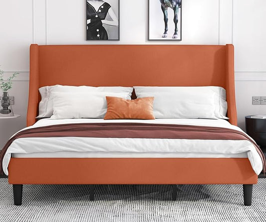 Allewie King Size Bed Frame, Platform Bed Frame with Upholstered Headboard, Modern Deluxe Wingback, Wood Slat Support, Mattress Foundation, Burnt Orange - LeafyLoom