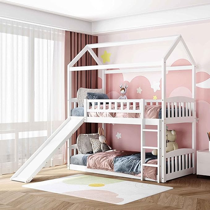 Twin Over Twin Bunk Bed with Slide for Kids Bedroom,Solid Pinewood Bedframe,House Bunkbeds w/Safety Guardrails & Roof Design,No Box Spring Needed, White - LeafyLoom