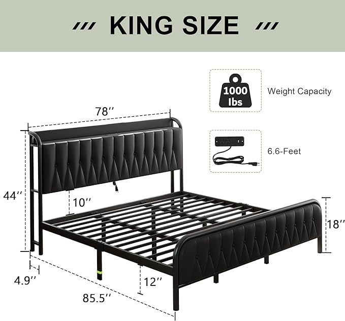 Feonase King Bed Frame with Type-C & USB Port, Metal Platform Beds, with Faux Leather Upholstered Headboard & Footboard, 12" Underbed Storage Space, Easy Assembly, Noise-Free, Black - LeafyLoom