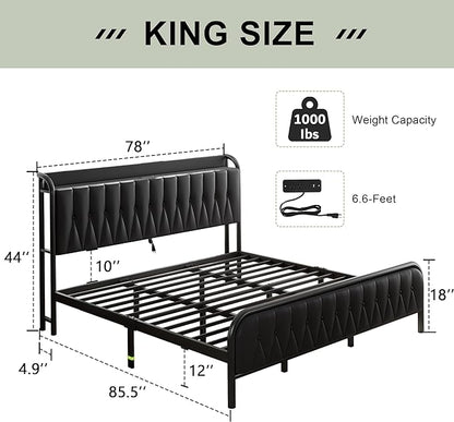 Feonase King Bed Frame with Type-C & USB Port, Metal Platform Beds, with Faux Leather Upholstered Headboard & Footboard, 12" Underbed Storage Space, Easy Assembly, Noise-Free, Black - LeafyLoom