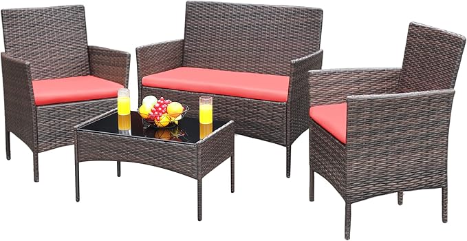 Greesum Patio Furniture 4 Pieces Conversation Sets Outdoor Wicker Rattan Chairs Garden Backyard Balcony Porch Poolside loveseat with Soft Cushion and Glass Table, Brown and Red - LeafyLoom