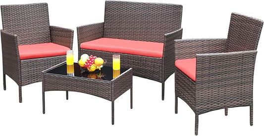 Greesum Patio Furniture 4 Pieces Conversation Sets Outdoor Wicker Rattan Chairs Garden Backyard Balcony Porch Poolside loveseat with Soft Cushion and Glass Table, Brown and Red - LeafyLoom