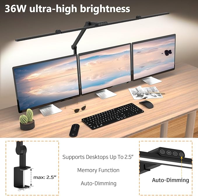 3000 Lumen Ultra Bright Architect Desk Lamp with Clamp, 36W Tall Overhead Led Desk Light for Home Office, 47Inch Long Dimmable Computer Monitor Light Bar with Remote for Table Desktop Drafting - LeafyLoom