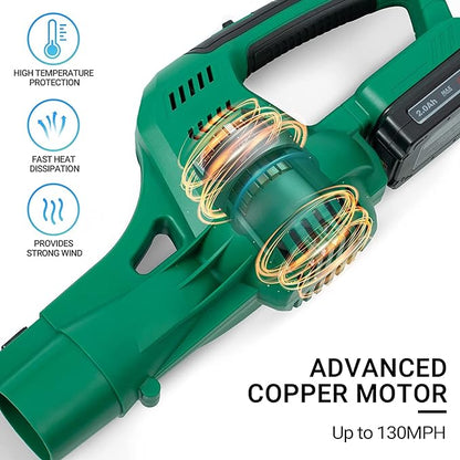 20V Cordless Leaf Blower with Battery and Charger, Leaf Blower Battery Operated, Rechargeable Electric Handheld Leaf Blower Variable Speed with 2 Tubes for Patio, Leaves Blowing-Green - LeafyLoom