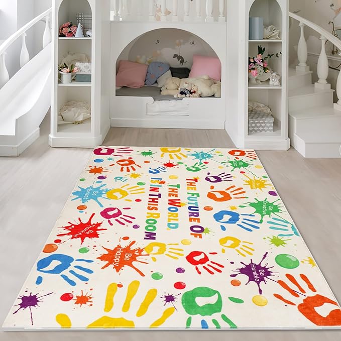 Colorful Kids Rug, Washable Rug for Kids, Handprints Area Rugs for Kids Bedroom, Non-Slip Play Mat Ultra Soft Thick Indoor Plush Rugs for Playroom Classroom Nursery Decor (59 X 39.4 INCH) - LeafyLoom