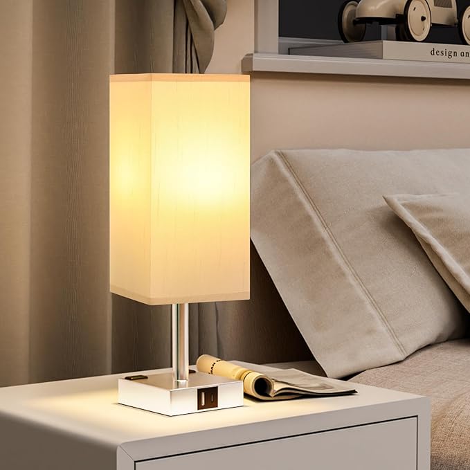 Touch Bedside Table Lamp For Nightstand - 3-Way Dimmable Night Lamp with USB A + Type C Charging Ports and two AC Outlets, Small Desk Light with E26 LED Bulb for Bedroom Living Room Dorm Office - LeafyLoom