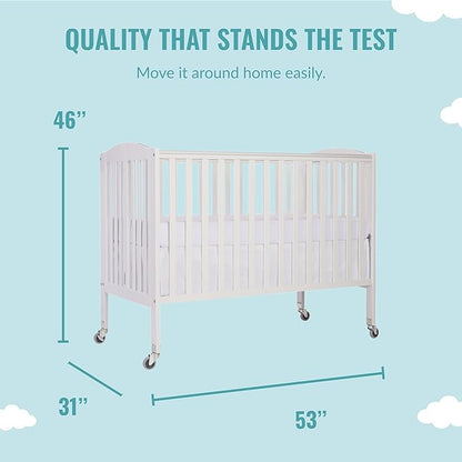 Folding Full Size Convenience Crib In White, Two Adjustable Mattress Height Positions, Comes With Heavy Duty Locking Wheels, Flat Folding Crib - LeafyLoom