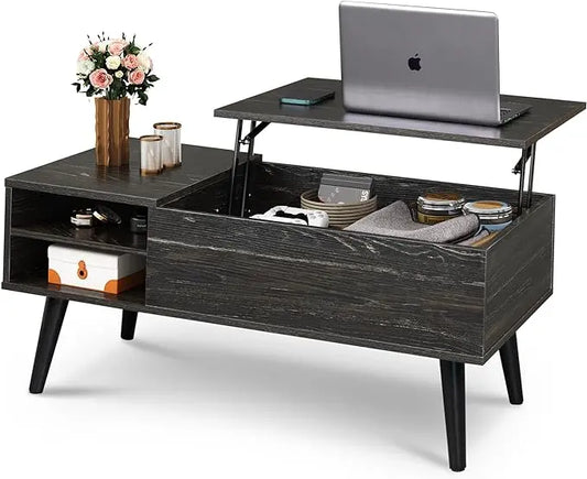 WLIVE Wood Lift Top Coffee Table with Hidden Compartment and Adjustable Storage Shelf, Lift Tabletop Dining Table for Home Living Room, Office, Charcoal Black - LeafyLoom