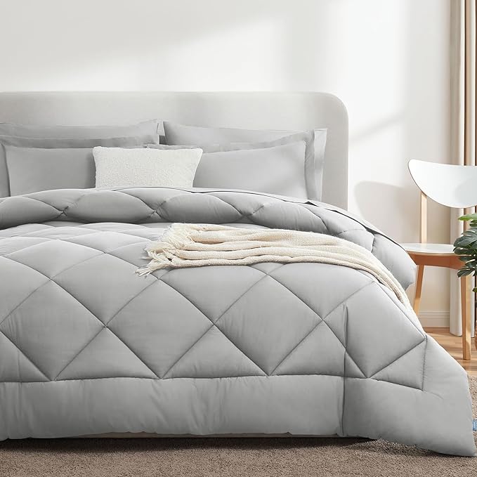 CozyLux Queen Bed in a Bag 7-Pieces Comforter Set with Sheets Light Grey All Season Bedding Sets with Comforter, Pillow Shams, Flat Sheet, Fitted Sheet and Pillowcases - LeafyLoom