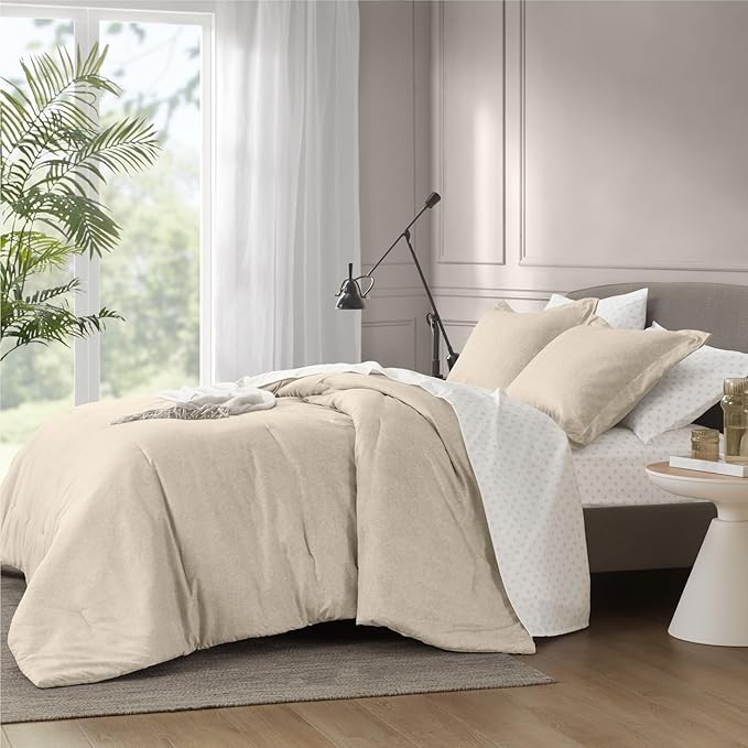 7 Pieces Beige Bedding Sets with Comforter, Modern Farmhouse Bed in a Bag Full Size, Solid Lightweight Comforter Set with Sheets, Pillowcases & Shams - LeafyLoom