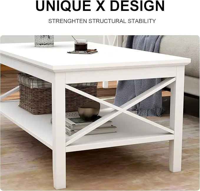 ChooChoo White Coffee Table Classic X Design for Living Room, Rectangular Modern Cocktail Table with Storage Shelf, 39 Inch - LeafyLoom