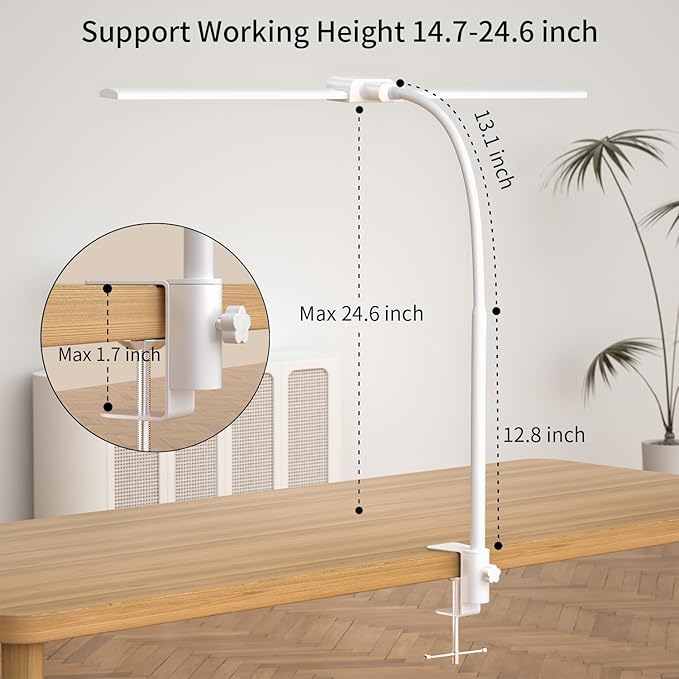 KableRika Desk lamp,Double Head LED Desk Lamp with Clamp,Architect Desk Lights for Home Office,Eye-Caring Desktop Office Lamp 4-Brightness 4-Color Table Lamp for Monitor Workbench Reading White - LeafyLoom