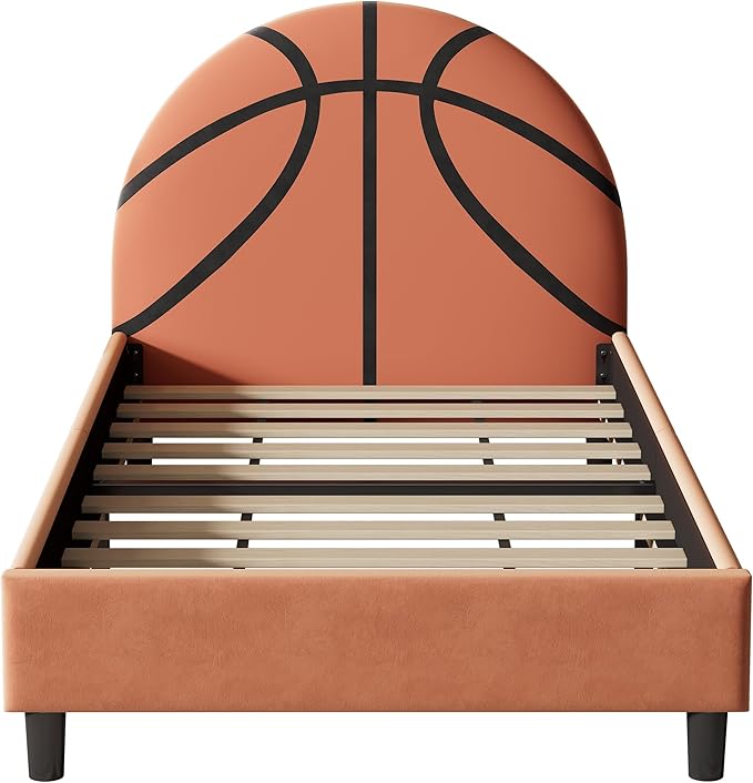 Basketball Design Twin Bed Frame for Kids,Sports Theme Upholstered Platform Bed with Headboard,Velvet Twin Size Bed Frame for Boys & Girls,Teens,Orange - LeafyLoom