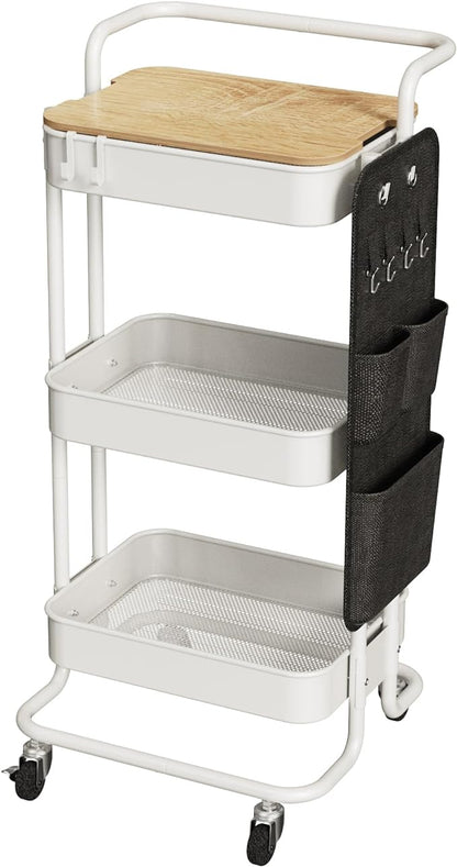 DTK 3 Tier Metal Utility Rolling Cart with Table Top and Side Bags, Metal Tray Storage Organizer Cart with Wheels, Art Craft Cart with 4 Hooks for Kitchen Bathroom Office Living Room (White) - LeafyLoom