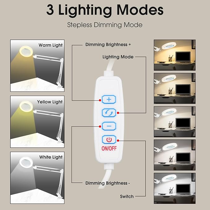 5X Magnifying Glass with Light and Stand, Desk Clip on Lamp for Reading Home Office, 48 LEDs USB Clip Ring Light with 3 Color Modes Clamp Light for Bed Headboard, Craft, Computer, Video Call - LeafyLoom