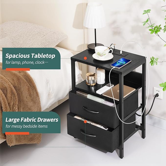 Yoobure Nightstand with Charging Station, Small Night Stand with Fabric Drawers and Storage Shelf for Bedrooms, Nightstands for Small Spaces, Bedside Table with USB Ports & Outlets Bed Side Table - LeafyLoom