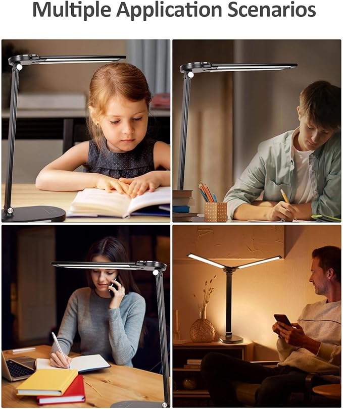 LED Desk Lamps for Home Office, 14W Double Swing Arm Desk Lamp with USB Charging Port, Eye-Caring Architect Task Lamp, Touch Control Desktop Lamp with Night Light Table Light for Work Study Craft - LeafyLoom