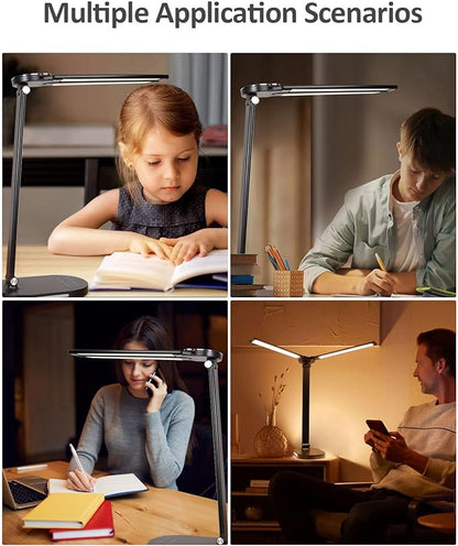 LED Desk Lamps for Home Office, 14W Double Swing Arm Desk Lamp with USB Charging Port, Eye-Caring Architect Task Lamp, Touch Control Desktop Lamp with Night Light Table Light for Work Study Craft - LeafyLoom