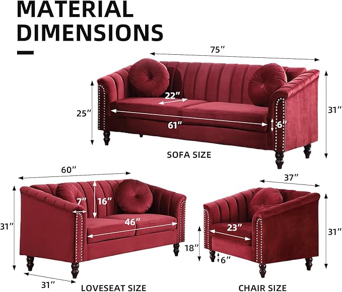 Velvet Loveseat Modern Living Room 3 Piece with Scroll Arms and Nailhead, includes 2 Love-seat Chair & Armchair, Sofa Couch Set Red - LeafyLoom