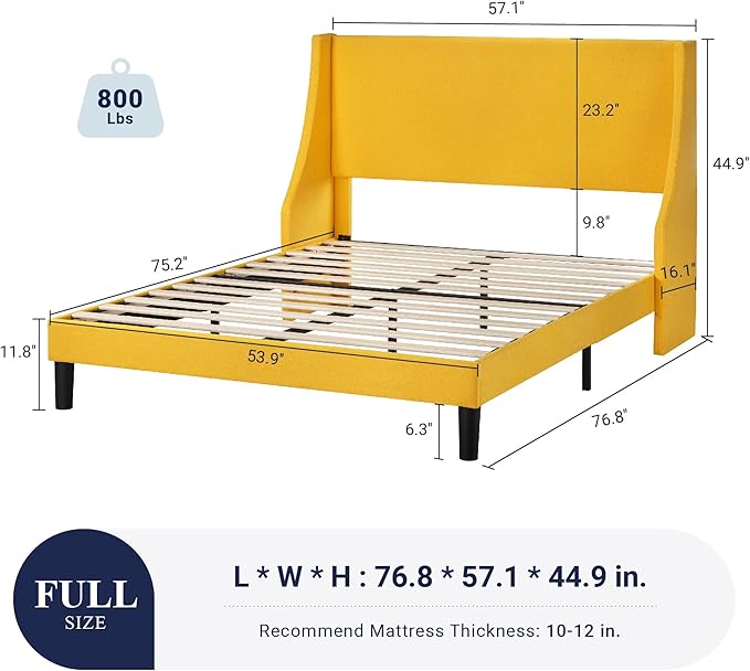 Allewie Full Size Bed Frame, Platform Bed Frame with Upholstered Headboard, Modern Deluxe Wingback, Wood Slat Support, Mattress Foundation, Light Yellow - LeafyLoom