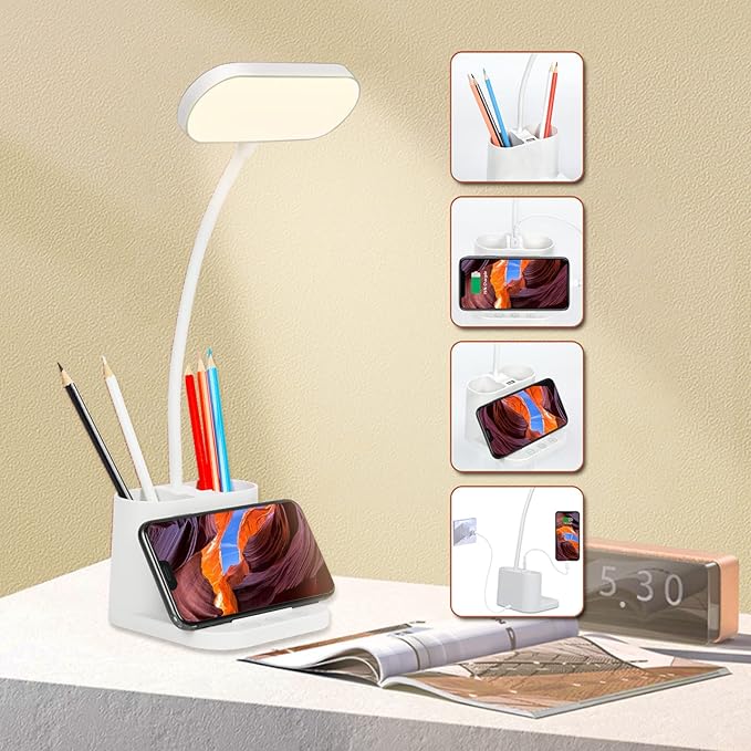 Study Lamp, Rechargeable LED Desk Lamp with Pen Holder, 8 Brightness Desk Lamp with USB Charging Port, Dimmable Reading Light Table Lamp for Kids - LeafyLoom