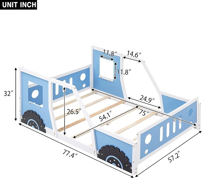 Full Size Classic Car-Shaped Platform Bed with Wheels,Wooden Floor Bedframe W/Door Design,Fun Play Toy Car Furniture for Boys Kids Toddlers Child's Bedroom,Blue - LeafyLoom