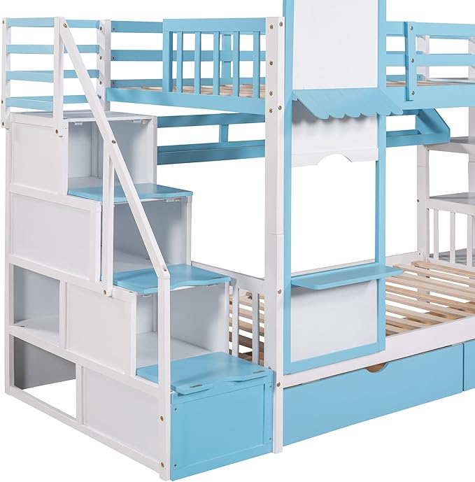 Twin Bunk Bed Castle with Slide, Stairs with Storage, Two Drawers, Solid Wood Bunkbeds Frame w/Shelves and Staircase, for Kids/Teens/Boys/Girls Bedroom, Blue - LeafyLoom