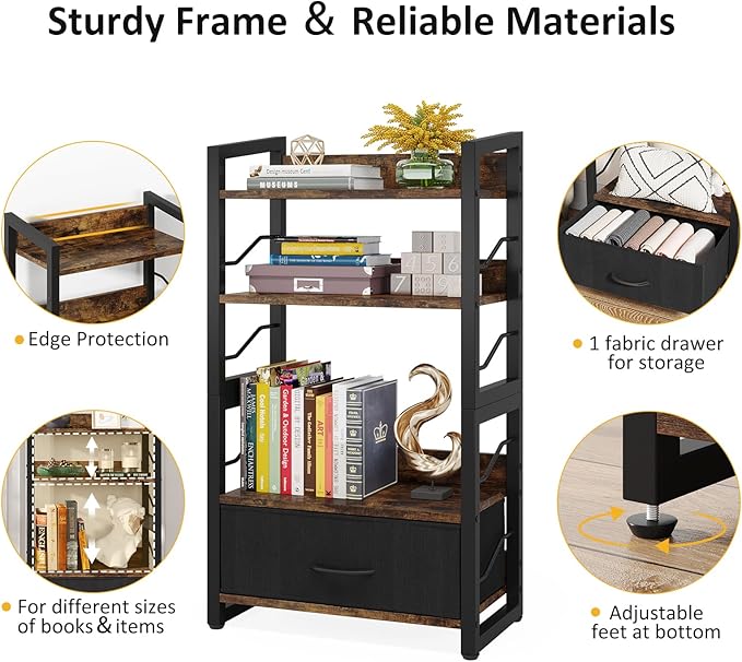 Small Bookshelf with Drawer: 4-Tier Wood Book shelf Industrial Narrow Bookcase Storage Organizer Metal Stackable shelves for Desktop Bedroom Living Room Home Office (Rustic Brown) - LeafyLoom