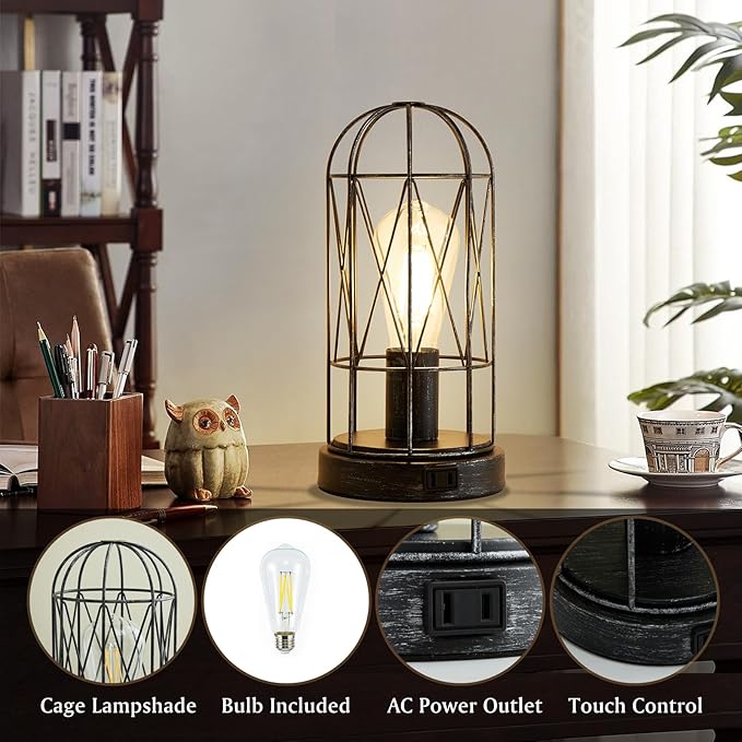 Small Touch Table Lamp Set of 2, 3 Way Dimmable Industrial Bedside Lamp with AC Outlet Rustic Steampunk Nightstand Lamp for Bedroom Living Room Office, LED Bulb Included - LeafyLoom