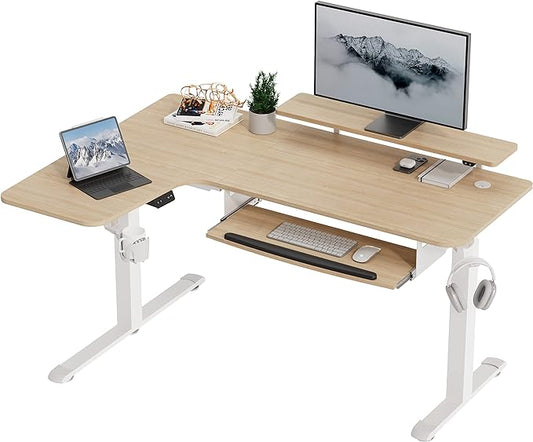 EUREKA ERGONOMIC Standing Desk Adjustable Height 61" Electric Sit Stand Computer Desk L Shaped with Keyboard Tray,Monitor Stand &LED, Dual Motor Memory Presets Sit to Desk Adjustable Desk, Left/Maple - LeafyLoom