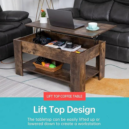 FDW Lift Top Coffee Table with Hidden Compartment and Storage Shelf Wooden Lift Tabletop for Home Living Room Reception Room Office (Brown) - LeafyLoom