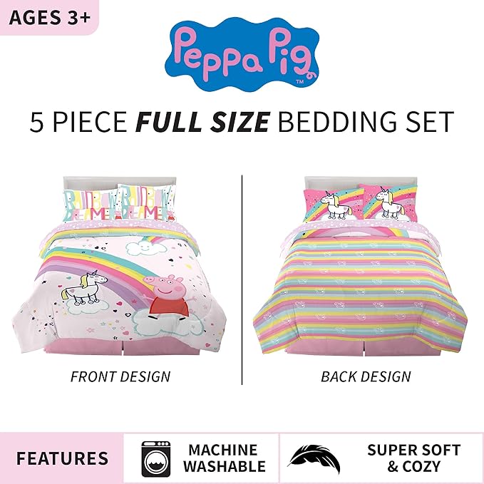 Franco Kids Bedding Super Soft Comforter and Sheet Set, 5 Piece Full Size, Peppa Pig - LeafyLoom