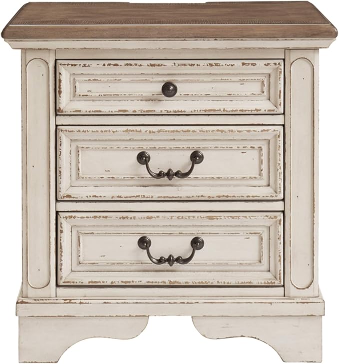 Signature Design by Ashley Realyn French Country 3 Drawer Nightstand with Electrical Outlets & USB Ports, Chipped White - LeafyLoom