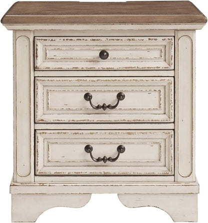 Signature Design by Ashley Realyn French Country 60" Home Office Lift Top Desk with USB Charging, Chipped White and 3 Drawer Nightstand with Electrical Outlets & USB Ports, Chipped White - LeafyLoom