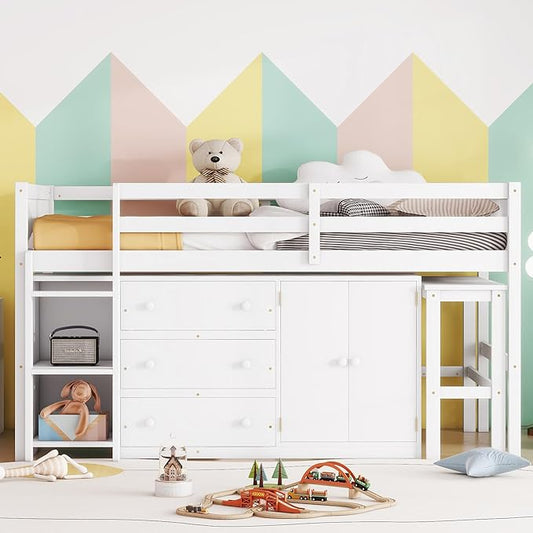 Twin Size Low Loft Bed with Pull-Out Desk, Drawers, Cabinet, and Shelves, for Kids Boys Girls Bedroom, White - LeafyLoom